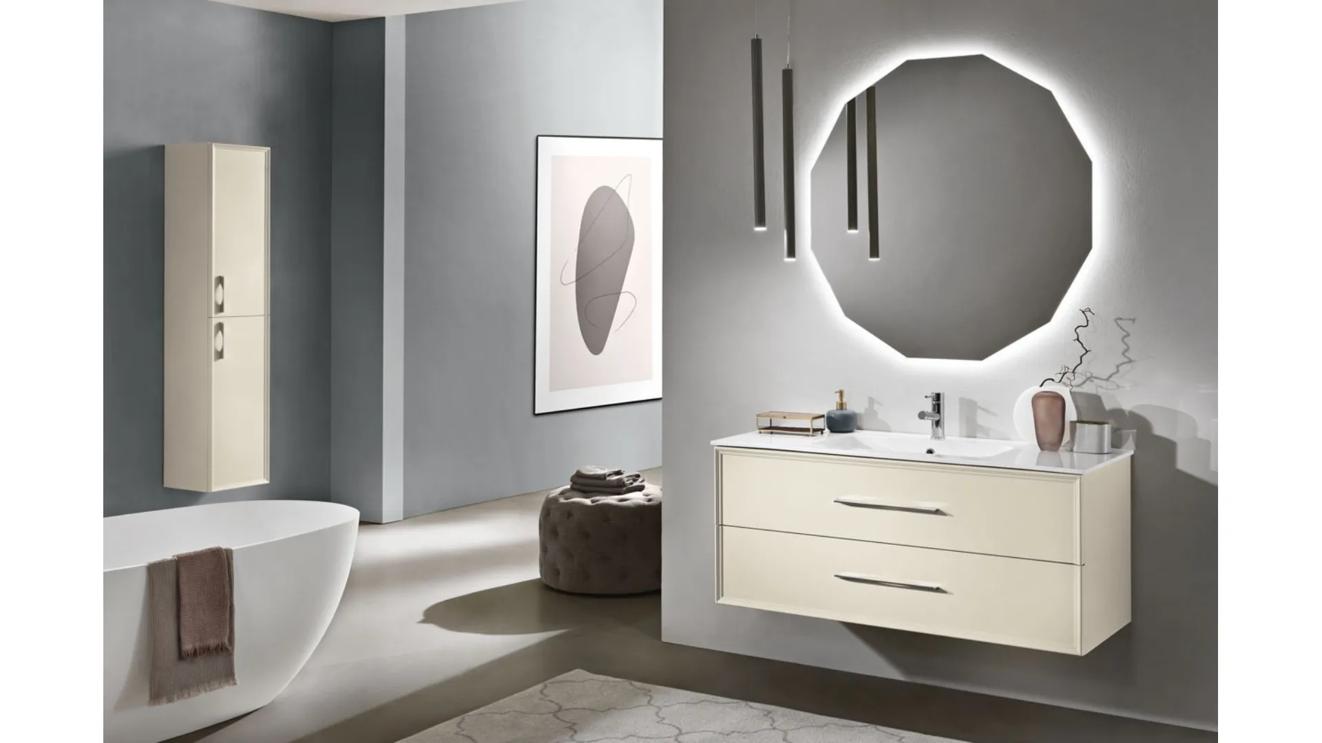 Mobile da Bagno sospeso Classic laccato opaco Avorio con lavabo in mineralmarmo di Bluelife