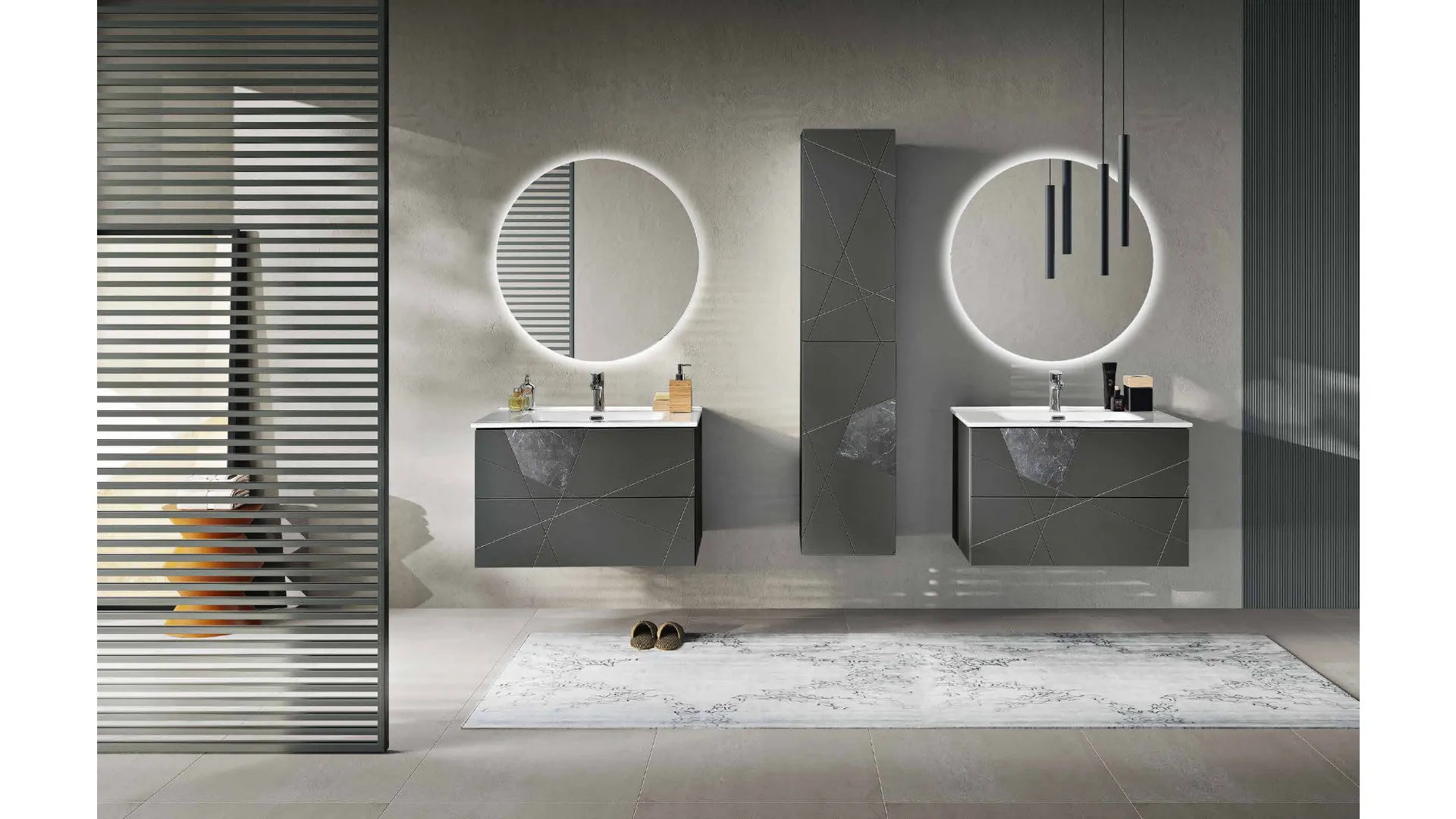 Mobile da Bagno sospeso Crizia laccato opaco Antracite con inserto in laminam Marmo Nero di Bluelife