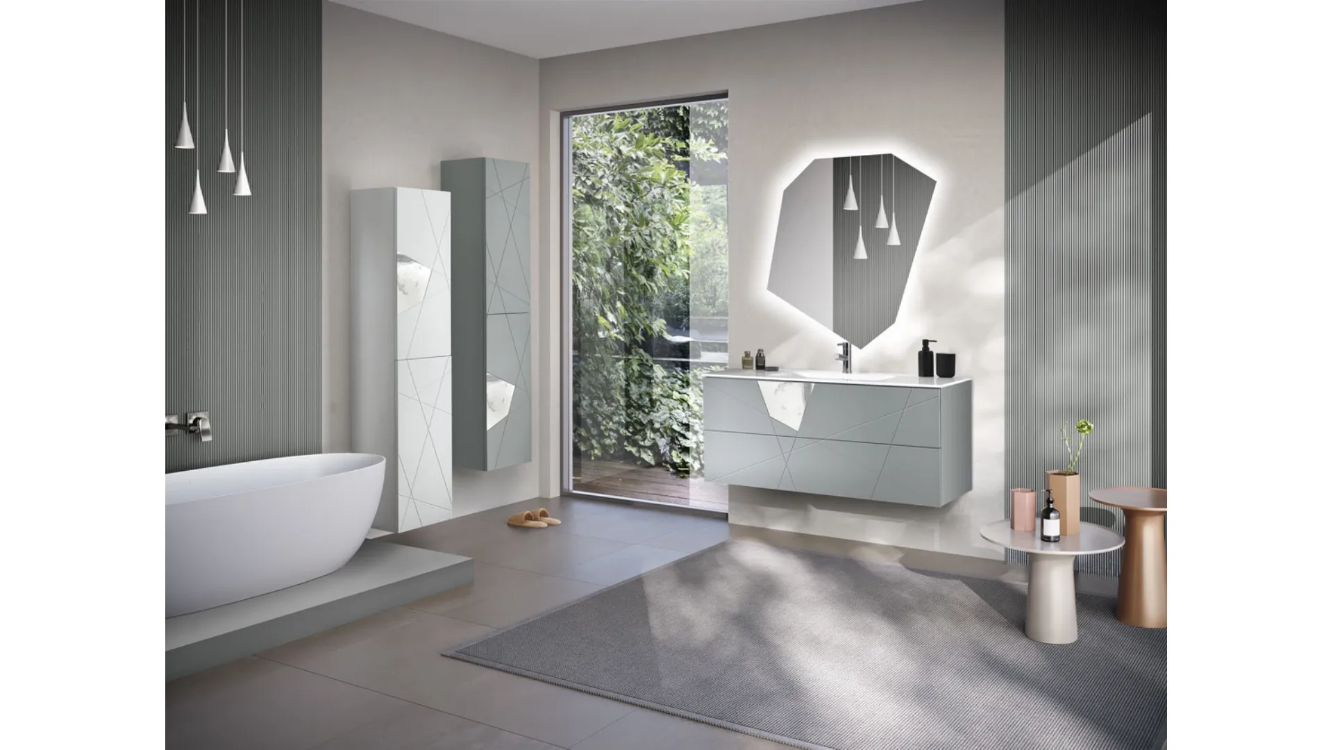 Mobile da Bagno sospeso Crizia laccato Grigio con inserto in laminam Marmo Bianco con colonne laccate Bianco e Grigio con inserto in laminam Marmo Bianco di Bluelife