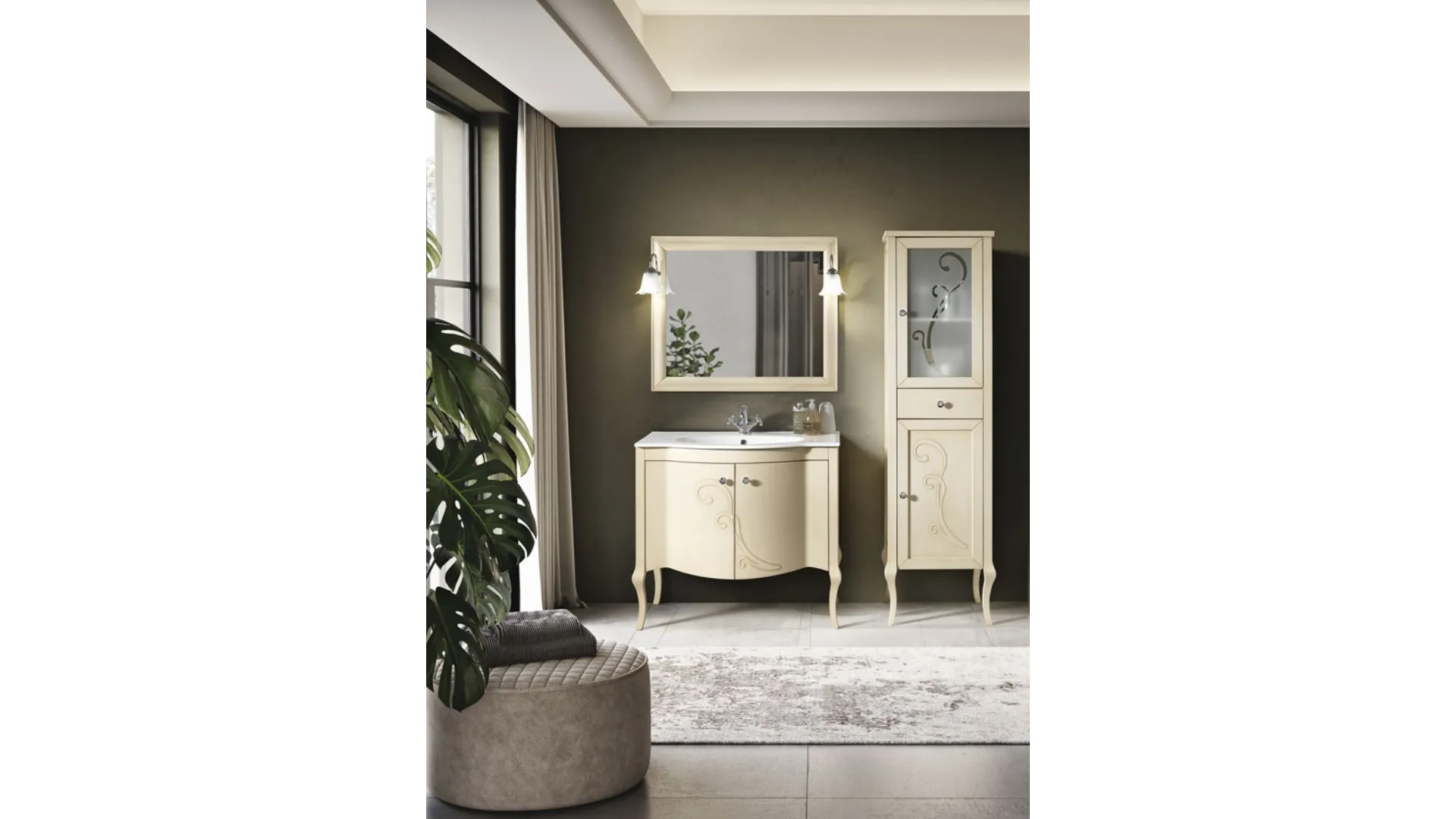 Mobile da Bagno Martina in legno finitura Avorio decapè con pomelli cromo con Swarovski e lavabo in ceramica di Bluelife