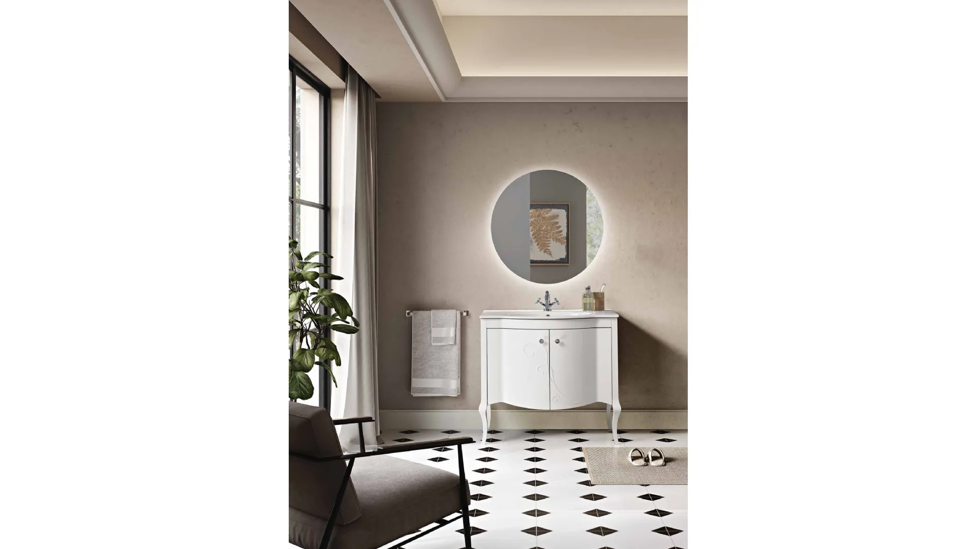 Mobile da Bagno a terra Martina in legno laccato Bianco con pomelli cromo con Swarovski e lavabo in ceramica di Bluelife