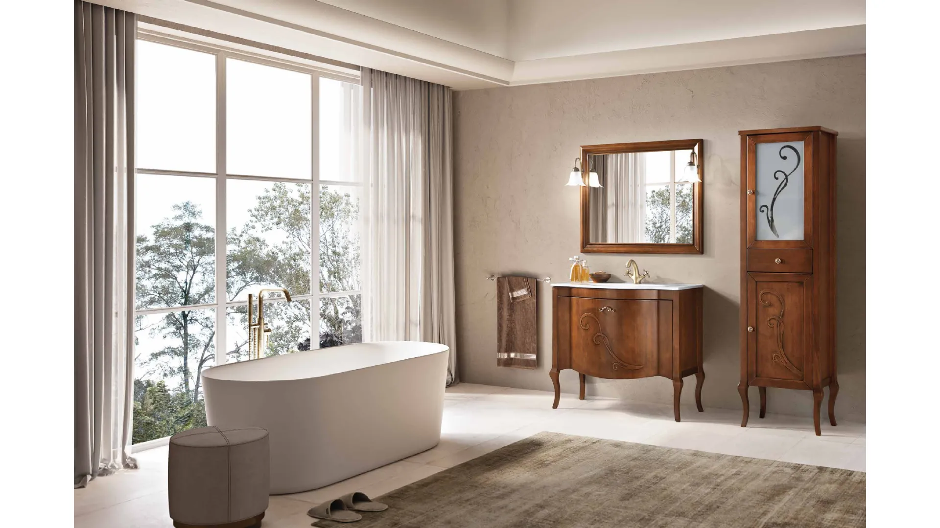 Mobile da Bagno a terra Martina finitura Noce chiaro, maniglia brunita con Swarovski e lavabo in ceramica di Bluelife