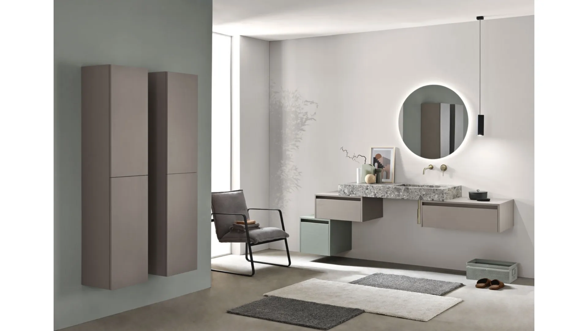 Mobile da Bagno sospeso Piave in nobilitato Tortora e Verde frassinato con top in HPL Ceppo di Grè con lavabo integrato di Bluelife