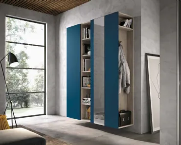 Mobile ingresso Mini 308 in laccato blu opaco, rovere cenere e specchio argento di Artigianmobili